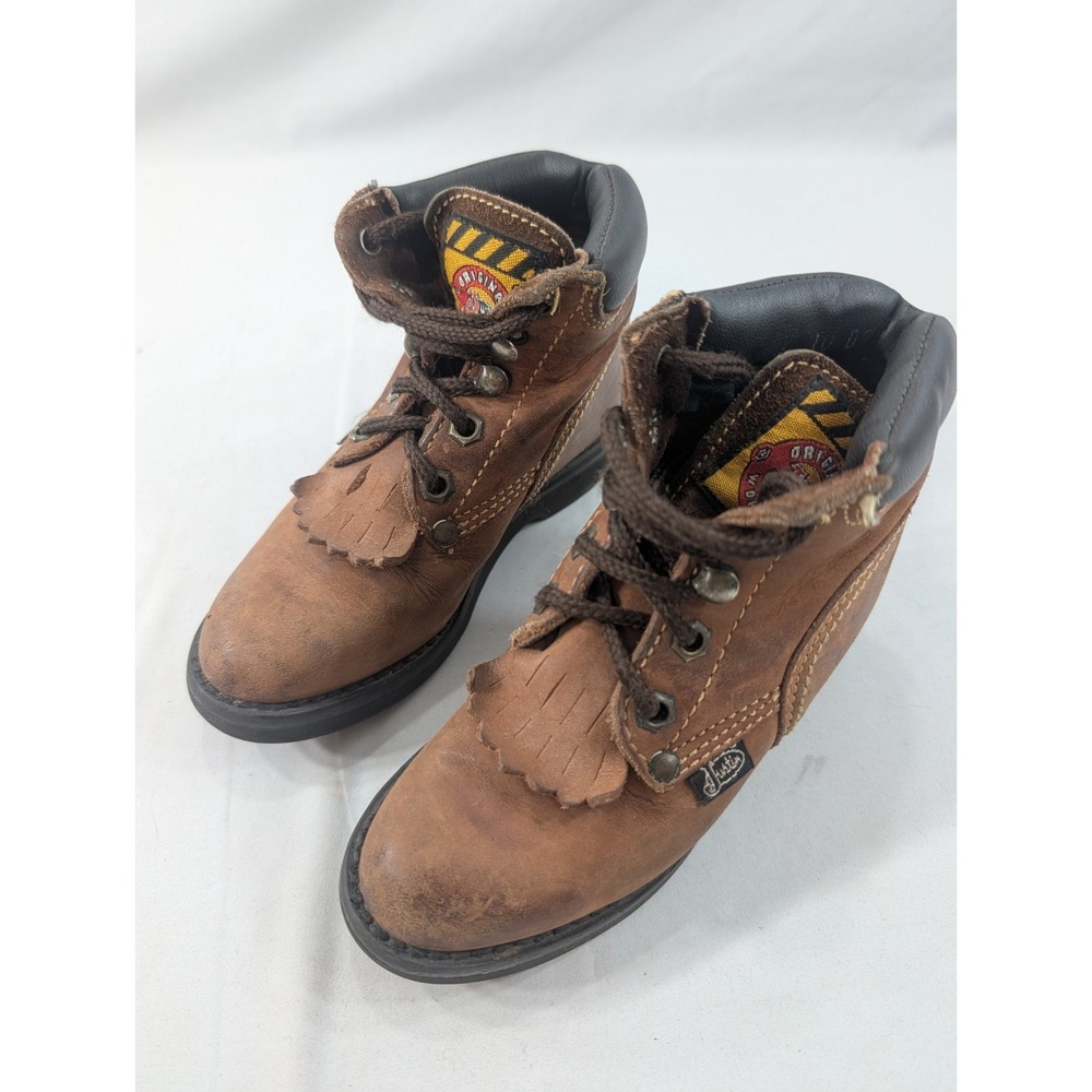 Justin Junior Kiltie Roper Boots Youth Size 4/3‎ B Brown Leather Ankle